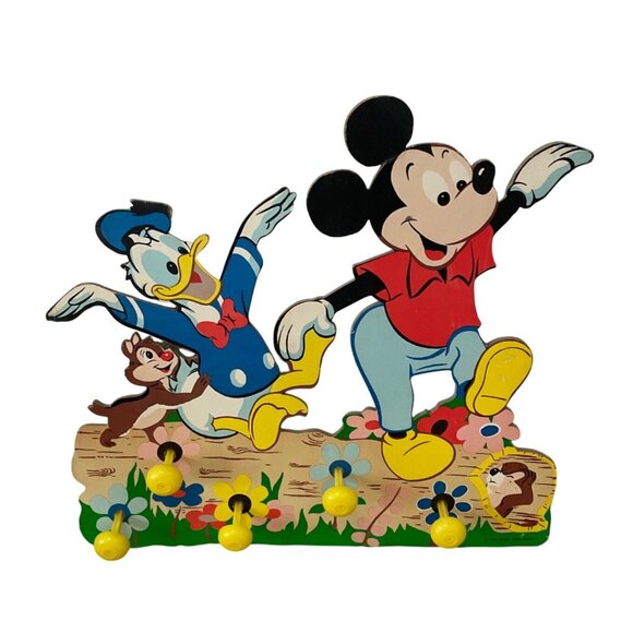 Vtg Walt Disney Productions Mickey Donald Wooden Wall Coat Rack w Hooks1980s - Picture 1 of 8